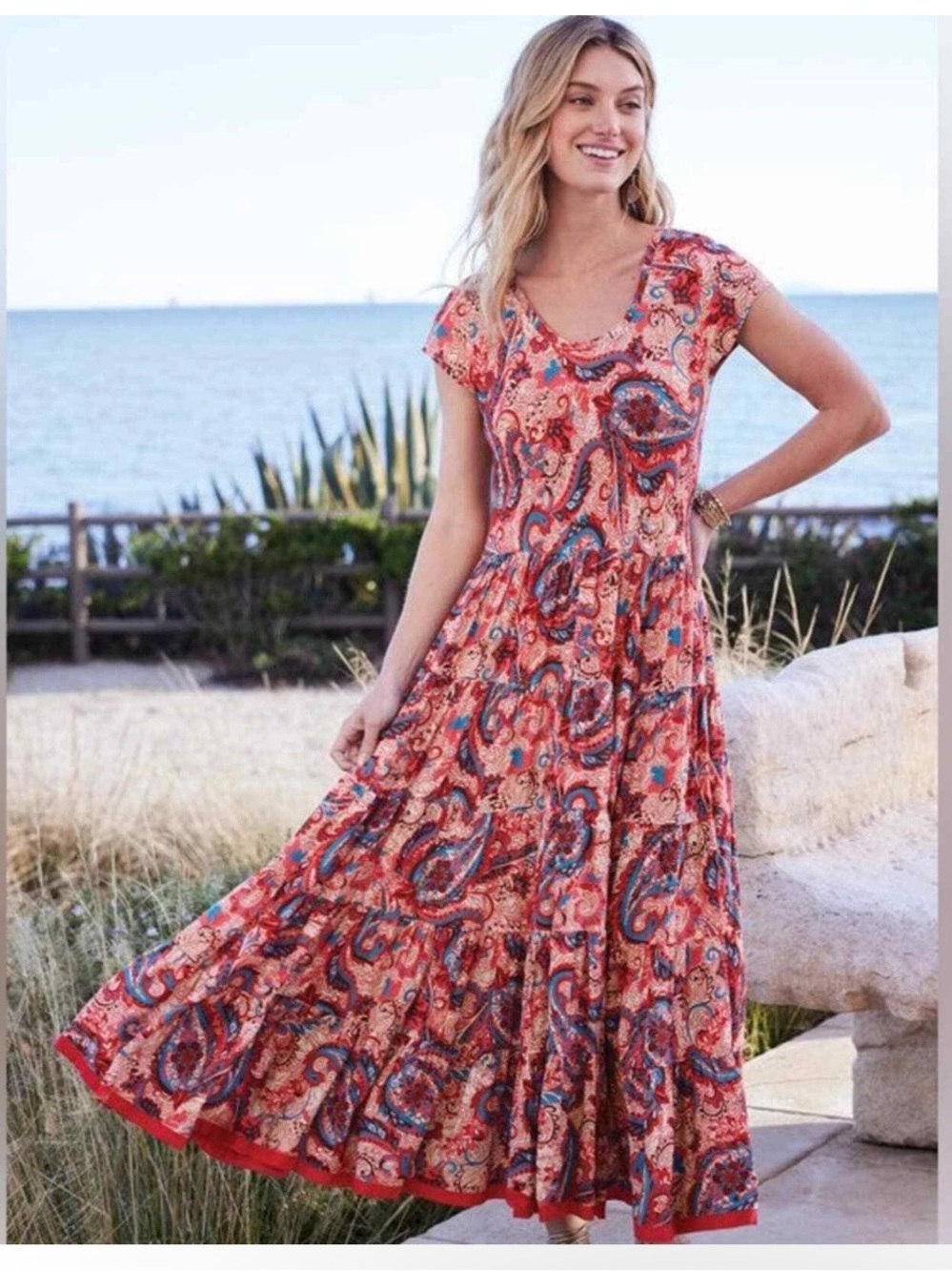 Soft Surrounding Womens Kara Framboise Paisley Burgundy Maxi Tiered Dress 1X - Picture 1 of 10